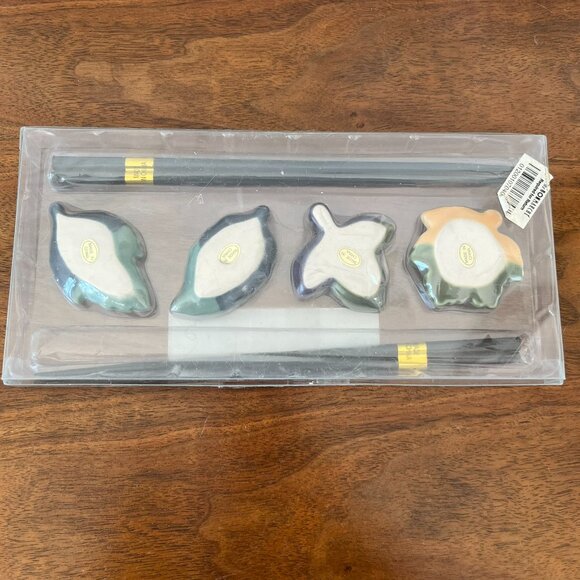 Vintage Bon Marche The Cellar Chopsticks Set w/ Leaf-Shaped Ceramic Rests Unused - Picture 6 of 7